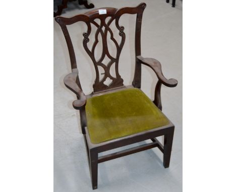 MAHOGANY FRAMED CHIPPENDALE STYLE CHILD SIZE ARM CHAIR     