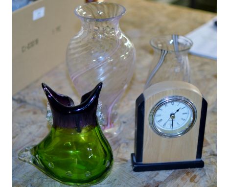 BOX CONTAINING CAITHNESS GLASS WARE, HEAVY COLOURED GLASS VASE, MANTLE CLOCK ETC     