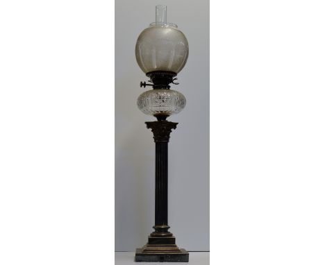 35" DOUBLE BURNER PARAFFIN LAMP WITH BRASS COLUMN ON STEPPED BASE, ORNATE CUT CRYSTAL RESERVOIR & DOME     