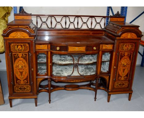 74" FINE EDWARDIAN INLAID MAHOGANY DOUBLE PEDESTAL STYLE SIDEBOARD WITH GLAZED CENTRAL DISPLAY SECTION ON TAPERED LEGS WITH U