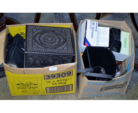 2 BOXES CONTAINING CAMERA EQUIPMENT, WOODEN BOX, BRASS FITTINGS ETC     