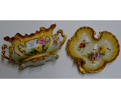 2 PIECES OF CREAM & FLORAL GILT NAUTILUS WARE - DOUBLE HANDLED PLANTER ON QUAD FEET & SHAPED DISH     