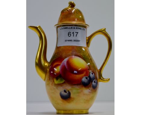 5" ROYAL WORCESTER HAND PAINTED MINIATURE COFFEE POT & COVER DECORATED WITH PEACHES & CHERRIES TOGETHER WITH A 4¼" DIAMETER R