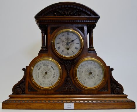 LATE VICTORIAN MAHOGANY CASED MANTLE CLOCK, BAROMETER & THERMOMETER COMBINATION BY ASPREY, LONDON – DIMENSIONS 20½” X 17½” X 