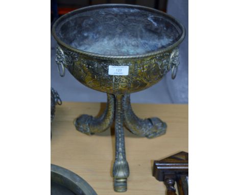 BRASS DOUBLE HANDLED PLANTER DECORATED WITH DUTCH SCENES ON TRIPOD SERPENT BASE     