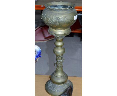 23" BRASS PLANTER ON STAND WITH EMBOSSED BIRD & TREE DESIGN     