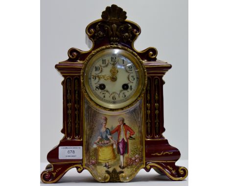 ORNATE PORCELAIN CASED STRIKING MANTLE CLOCK WITH ENAMEL DIAL & GILT HANDS     