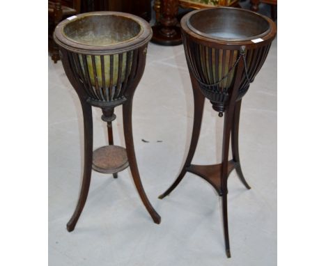 2 MAHOGANY FRAMED BASKET PLANTER STANDS WITH BRASS LINERS     