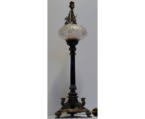 33" PARAFFIN LAMP (CONVERTED FROM EPERGNE AND TO ELECTRIC) WITH CAMEL & SWAN MOUNTS ON BASE BY WALKER & HALL     