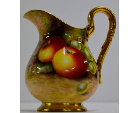 4" ROYAL WORCESTER HAND PAINTED CREAM JUG DECORATED WITH APPLES & GRAPES, SIGNED H. AYRTON     