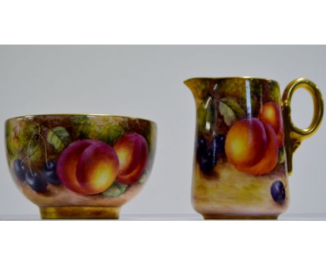 ROYAL WORCESTER HAND PAINTED SUGAR & CREAM SET DECORATED WITH PEACHES & CHERRIES, BOTH PIECES SIGNED FREEMAN     