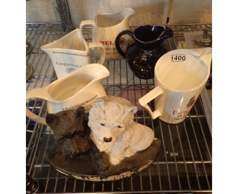 Five whisky advertising jugs and a Black and White Whisky Scottie dog advertising model