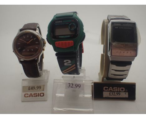 Three Casio new old stock wristwatches, require batteries