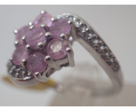 925 silver pink stone set flower ring, size P 1/2