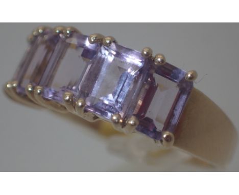 9ct gold emerald cut amethyst five stone ring, size M   CONDITION REPORT:  No damage at lotting, stones clear, very minor sur