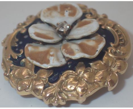 Presumed 9ct yellow gold enamel flower set with diamond, 8.8g