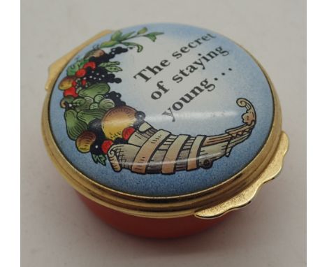 Halcyon Days enamel pill box in presentation case