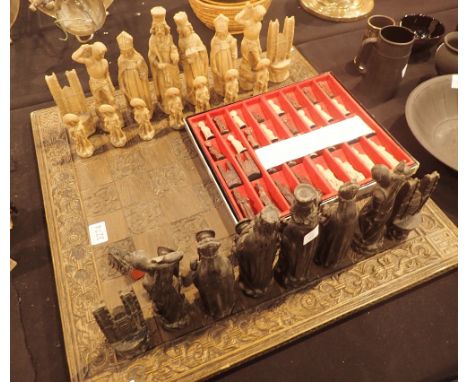 Westminster Abbey chess men chess set and board, two pawns missing and a complete set of miniatures 