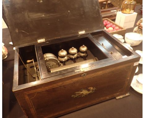 Late Victorian rosewood cased Swiss music box, with inlaid fruitwood marquetry, comb missing two teeth, with six bells and dr