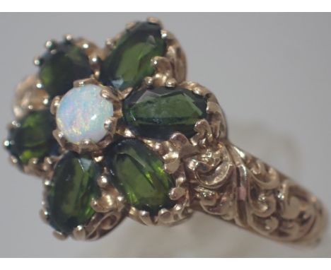 9ct gold vintage 1975 tourmaline and opal flower ring, size O