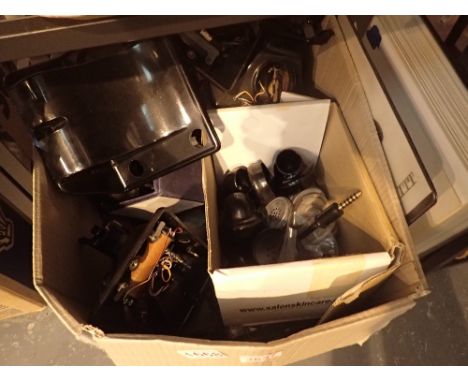Box of vintage telephone parts, GPO tool roll and GPO headlamp 