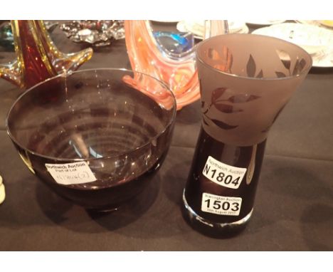 Two Caithness purple ground vases with labels, H: 15 cm and H: 20 cm 