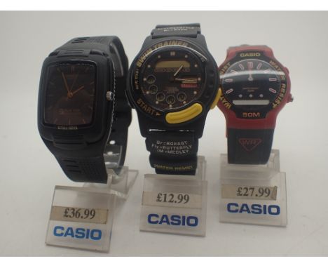Three Casio new old stock wristwatches, require batteries