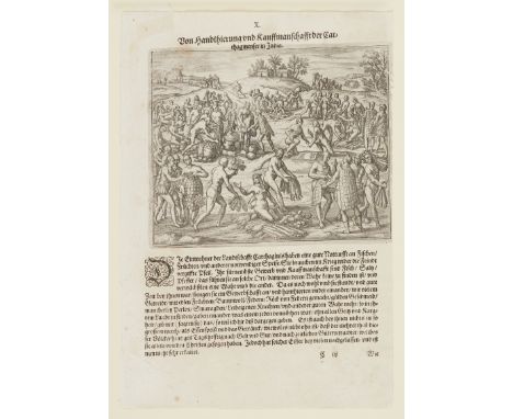 Engraving with text depicting a bustling Native American market. From Theodor de Bry (Netherlandish, 1528-1598), Thomas Hario