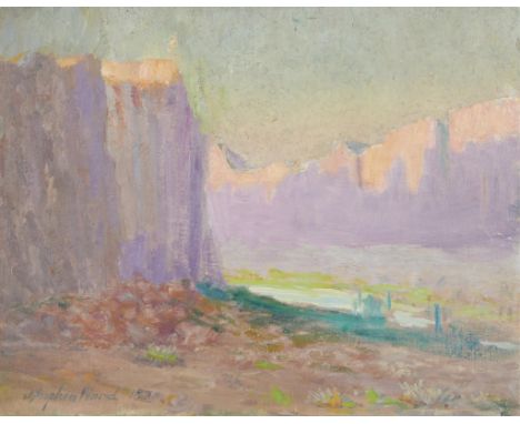 J. Stephen Ward (American, 1876-1941). Oil on board landscape painting depicting a desert canyon at dusk, 1918. Signed and da