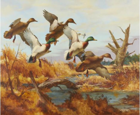 Fred Sweney (American, 1912-1996). Oil on canvas painting depicting a group of waterfowl above a prairie landscape. The ducks