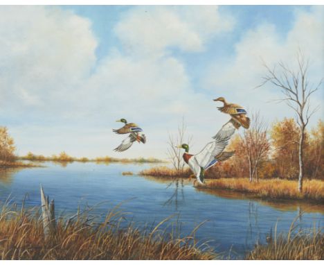 Harry Curieux Adamson (American, 1916-2012). Oil on canvas painting depicting mallards in flight above a body of water. Signe