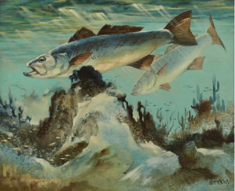 Fred Sweney (American, 1912-1996). Oil on canvas painting depicting a pair of speckled trout swimming near the floor of a bod