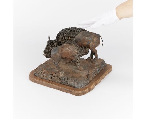 Jim Dolan (American, b. 1949). Steel sculpture in the form of an American bison calf suckling from its mother, 1976. Signed a
