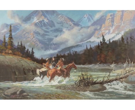 Harold Hopkinson (American, 1918-2000). Oil on canvas painting titled "The Last Light" depicting two Native American men on h