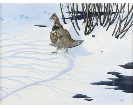 Rockne Knuth (American, 20th/21st c). Oil on board painting titled "Winter Shadows - Ruffed Grouse" depicting the titular bir