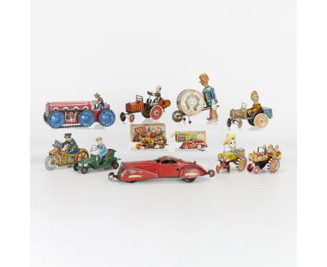 Marx Co., United States. Group of 11 lithographed tin wind-up toys, most produced by Marx, including: one "Queen of the Campu