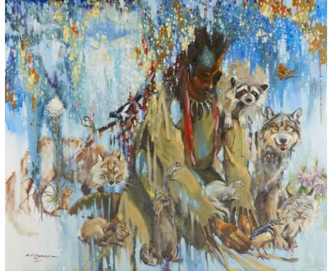 Robert F. "Bob" Morgan (American, 1929-2015). Oil on canvas painting titled "Napi" depicting a portrait of a Native American 