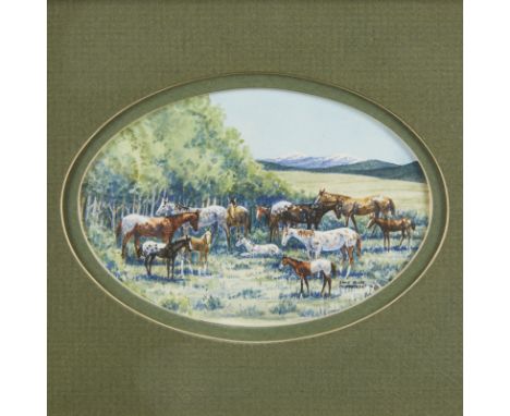 Anne Aller Overstreet (American, b. 1949). Watercolor on paper painting titled "Broodmares Appaloose" depicting a herd of hor
