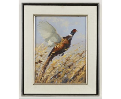Robert F. Morgan (American, 1929-2015). Oil on canvas painting depicting a flying pheasant, 1977. Signed and dated along the 