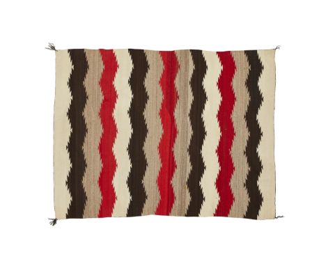 Antique Navajo hand-woven wool rug. The carpet with stepped chevrons in cream, black, gray, and red. With a tag from Keljik's