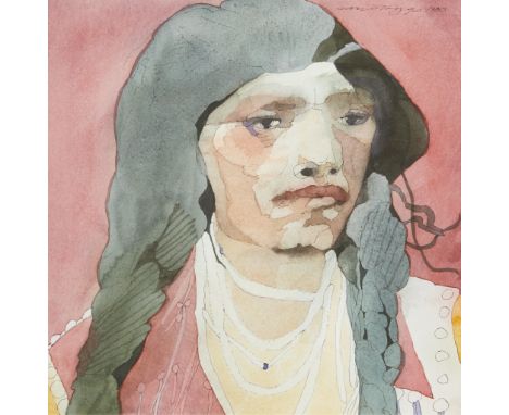Sari Staggs (American, b. 1941). Watercolor on paper painting titled "Pink Brave" depicting a portrait of a man against a pin