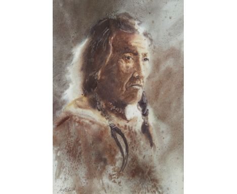 Elliott Eaton (American, 20th/21st c). Watercolor on paper painting titled "Beaverman" depicting a portrait of Native America