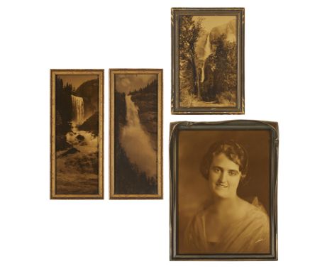 Asahel Curtis (American, 1874-1941). Group of four goldtone or orotone photographs. Three depicting waterfalls and one depict