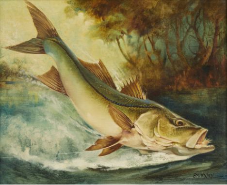 Fred Sweney (American, 1912-1996). Oil on canvas painting depicting a leaping snook fish snagged on a fishing line. Signed al