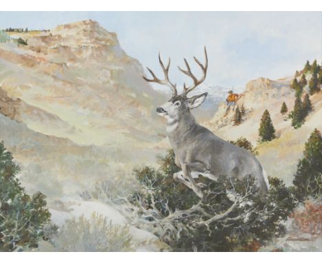 Richard Amundsen (American, 1928-1998). Acrylic on canvas painting depicting a stag leaping through underbrush while a hunter