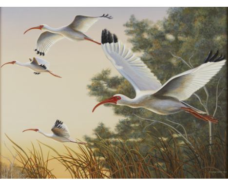 Mark Bray (American, 20th/21st c). Oil on board painting depicting a flock of white ibis in flight, 1989. Signed and dated al