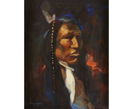 Robert F. Morgan (American, 1929-2015). Oil on board painting depicting a portrait of a Native American man, 1977. Signed and