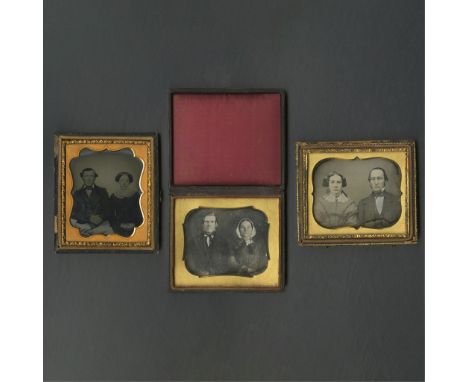 Group of three antique portrait photography depicting couples. Including two Daguerreotypes and one tintype. All housed in st