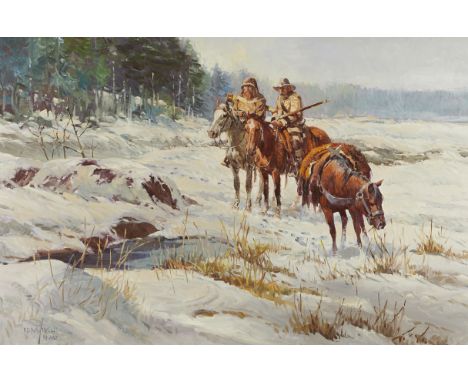 Newman Myran (American, 1921-2010). Oil on canvas painting titled "The Welcome Sun" depicting two figures on horseback in a s