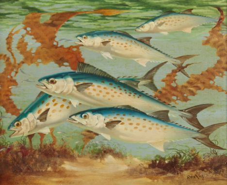 Fred Sweney (American, 1912-1996). Oil on canvas painting depicting a school of Spanish mackerel. Signed along the lower righ